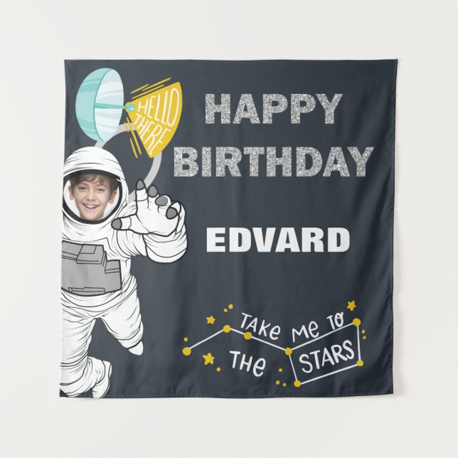 Outer Space Astronaut Photo Happy Birthday Tapestry (Front)