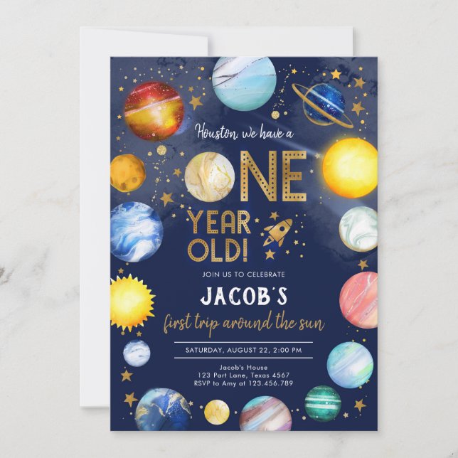 Outer Space Astronaut Planet Galaxy 1st Birthday Invitation (Front)