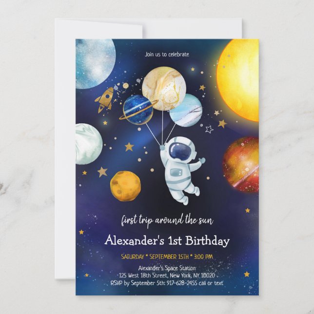 Outer Space Astronaut Planet Galaxy 1st Birthday Invitation (Front)