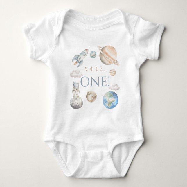 Outer Space Astronaut Planets First Birthday Baby Bodysuit (Front)