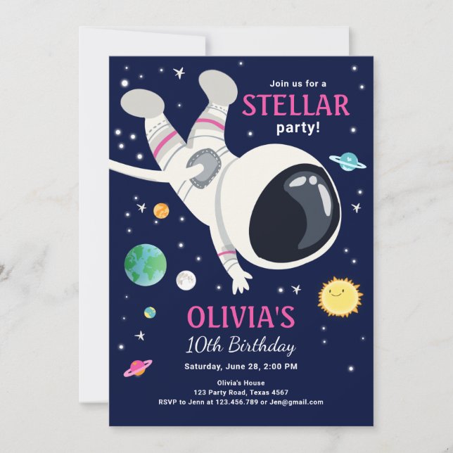 Outer Space Astronaut Planets Galaxy Girl Birthday Invitation (Front)