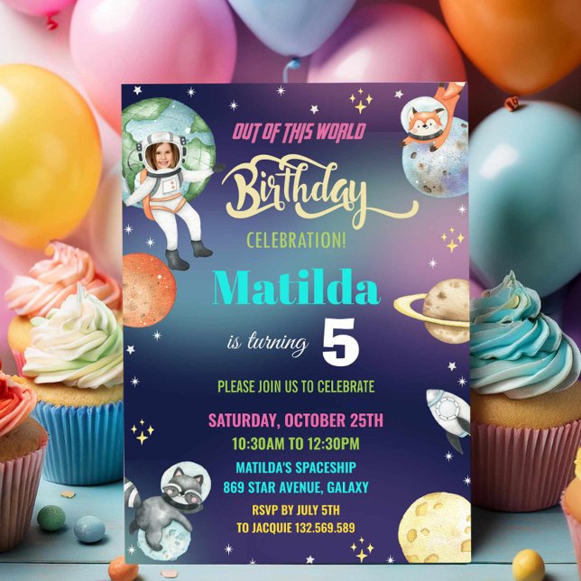 Outer Space Astronaut Planets Girl Birthday Photo Invitation (Creator Uploaded)