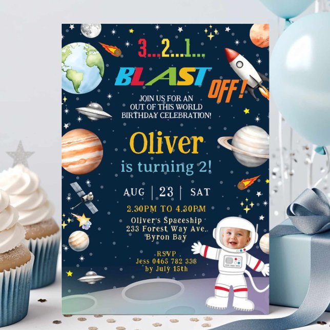 Outer Space Astronaut Planets Photo Birthday  Invitation (Creator Uploaded)