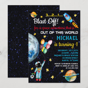 Outer Space Astronaut Rainbow Balloons Rocket Invitation