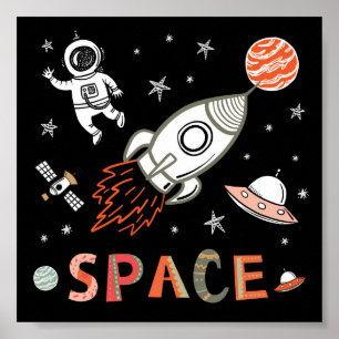 Outer Space Astronaut rocket ship planets Poster