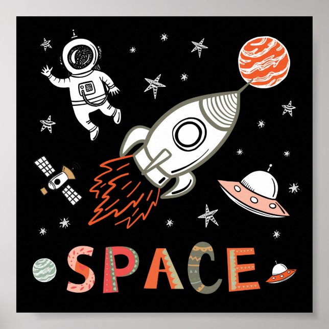 Outer Space Astronaut rocket ship planets Poster (Front)