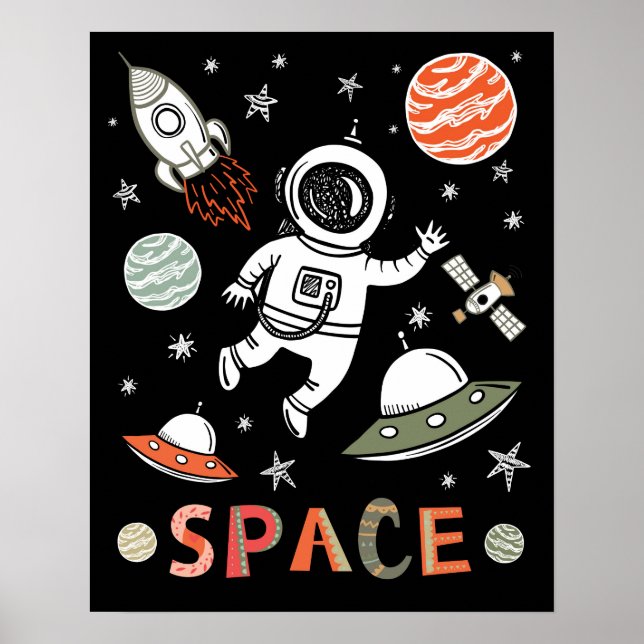 Outer Space Astronaut rocket ship planets Poster (Front)