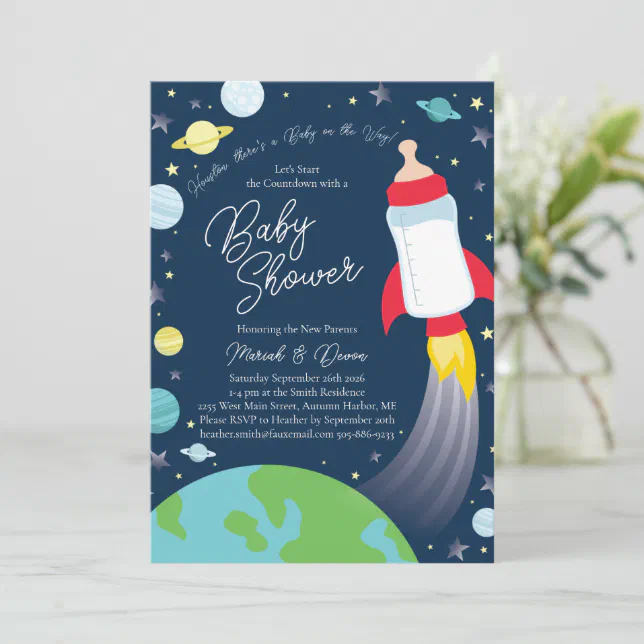 Outer Space Baby Shower Bottle Rocket Spaceship Invitation | Zazzle