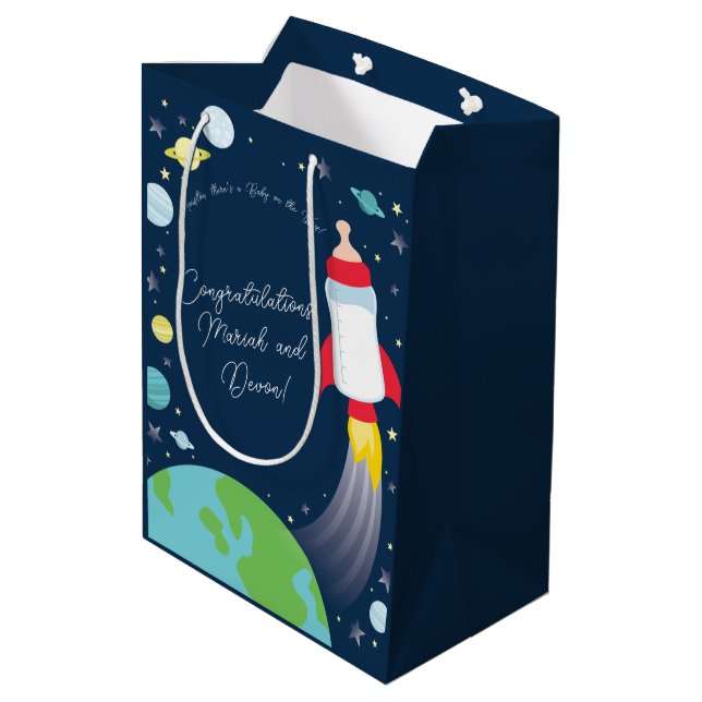 Outer Space Baby Shower Bottle Rocket Spaceship Medium Gift Bag (Back Angled)
