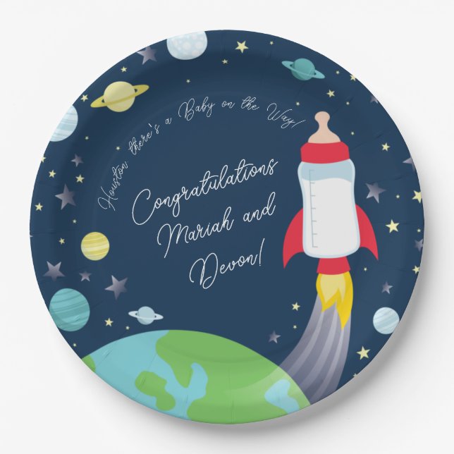 Outer Space Baby Shower Bottle Rocket Spaceship Paper Plate (Front)