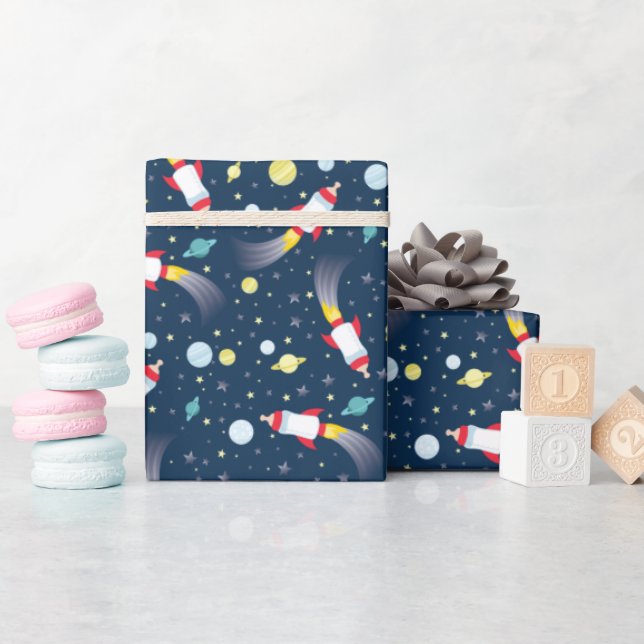 Outer Space Baby Shower Bottle Rocket Spaceship Wrapping Paper (Baby Shower)