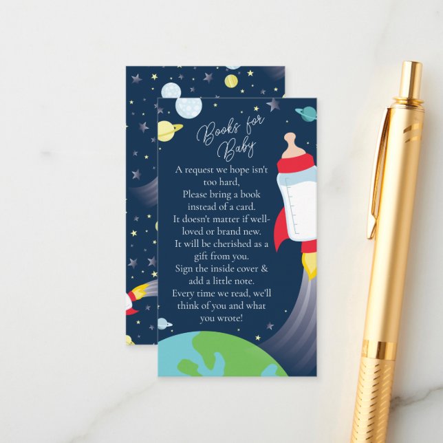 Outer Space Baby Shower Rocket Books for Baby Enclosure Card (Front/Back In Situ)