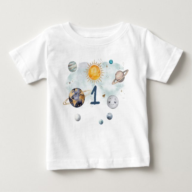 Outer Space Birthday Galaxy Sun Moon Stars Planets Baby T-Shirt (Front)