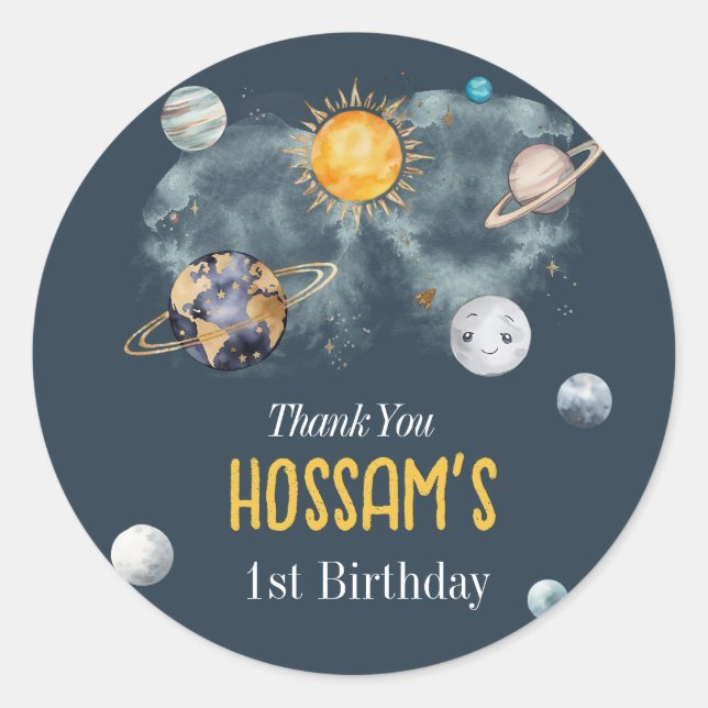 Outer Space Birthday Galaxy Sun Moon Stars Planets Classic Round Sticker (Front)