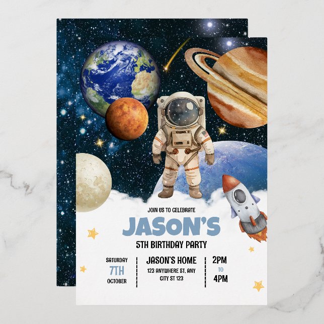 Outer Space Birthday Invitation, Astronaut Galaxy (Front/Back)