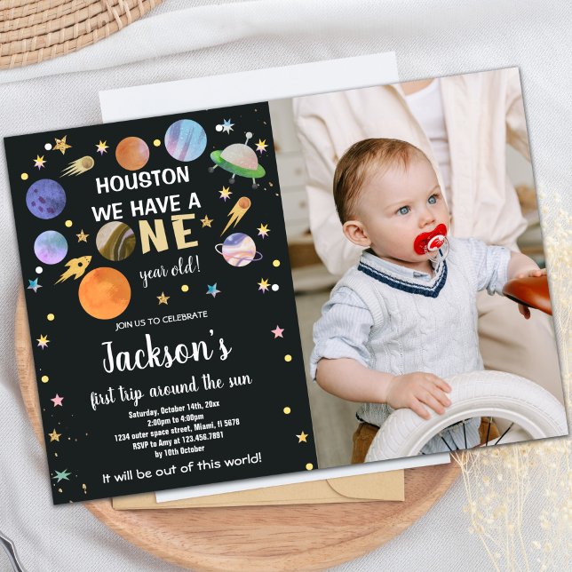 Outer Space Birthday Invitation with Photo (Black Outer Space Birthday Invitations with photo)