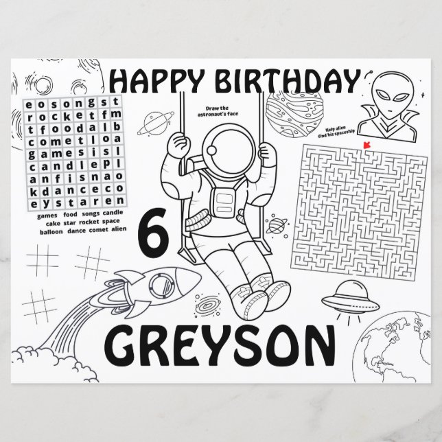 Outer Space birthday placemats activity sheet (Front)