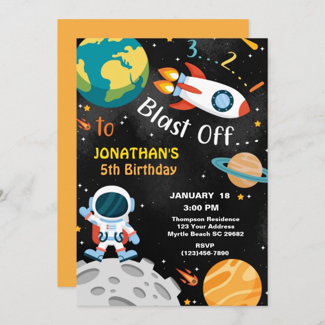 Outer Space Blast Off 5th Birthday Party   Invitation (Front/Back)