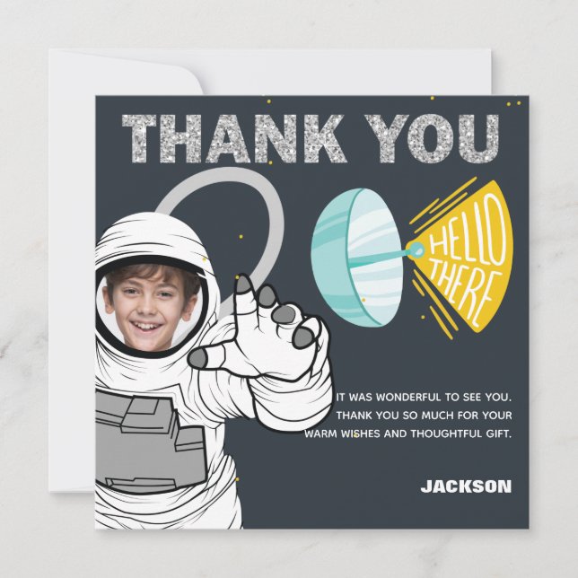 Outer Space Blast Off Astronaut Photo Birthday Thank You Card (Front)