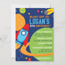 Outer Space Blue Rocket Birthday Invitations