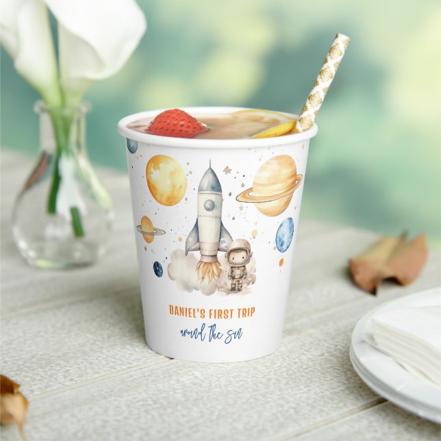 Outer Space Boy 1st Trip Around the Sun Birthday Paper Cups (Insitu)