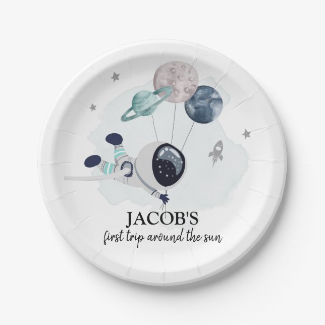 Outer Space Boy 1st Trip Around the Sun Birthday Paper Plate (Front)