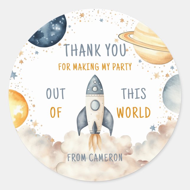 Outer Space Boy Birthday Thank You Classic Round Sticker (Space First Birthday Sticker)