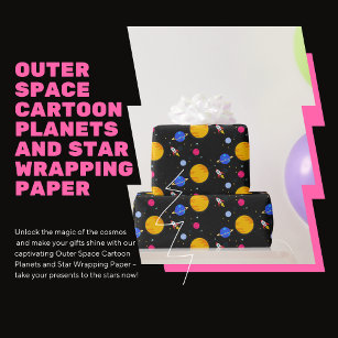 Outer Space Cartoon Planets and Star  Wrapping Paper