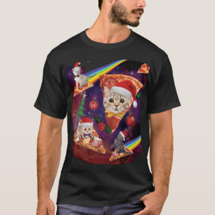 Outer Space Christmas Cats Riding On Pizza T-Shirt