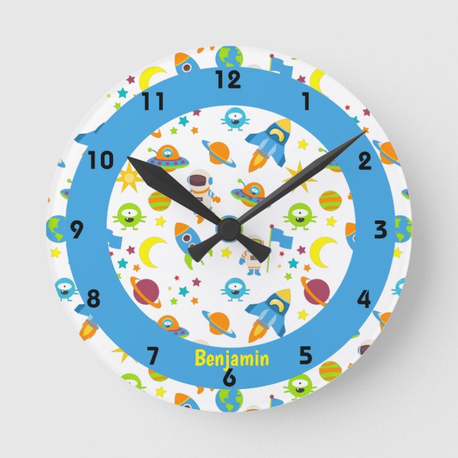 Outer Space Colorful Blue Round Clock (Front)