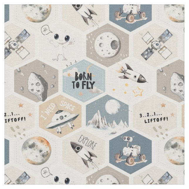 Outer space Cosmic nursery quilt Fabric (Close Up)