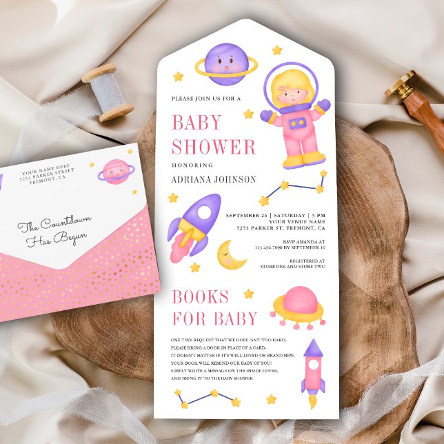 Outer Space Cute Pink Girl Astronaut Baby Shower All In One Invitation (Creator Uploaded)
