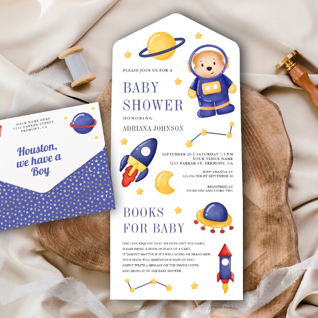 Outer Space Cute Teddy Bear Astronaut Baby Shower All In One Invitation (Creator Uploaded)