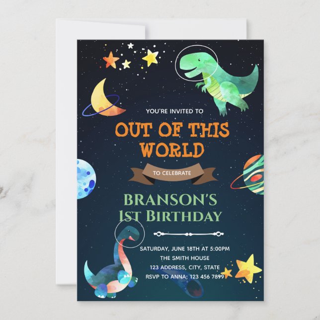 Outer space dinosaur birthday theme invitation (Front)