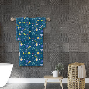 Outer Space Doodle Monogrammed   Dark Blue Bath Towel Set