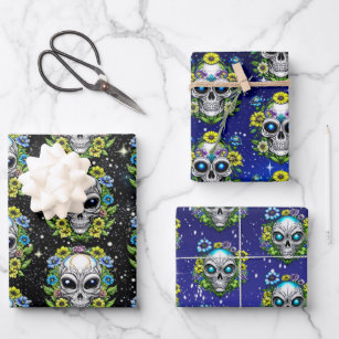 Outer Space Extraterrestrial Alien Skulls   Wrapping Paper Sheet