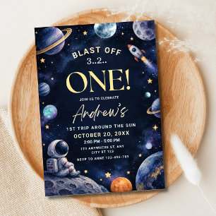 Outer Space First Birthday Astronaut Galaxy Planet Invitation