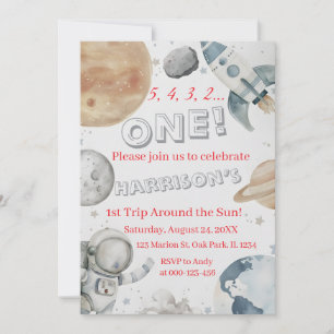 Outer Space First Birthday Invitation Watercolor