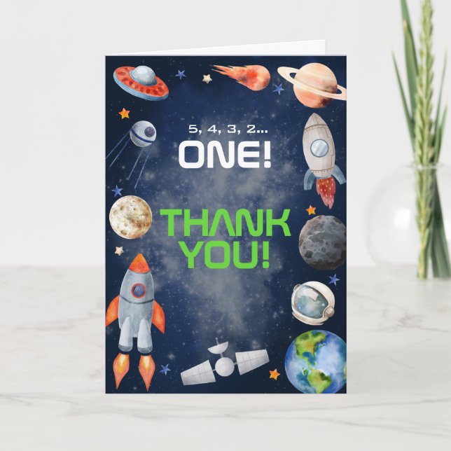 Outer Space First Birthday Thank You Card (Front)