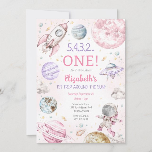 Outer Space First Trip Around The Sun 1st Birthday Invitation (Front)