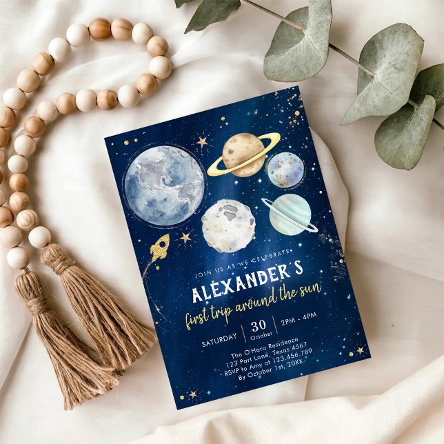 Outer Space First Trip Around the Sun 1st Birthday Invitation (Creator Uploaded)