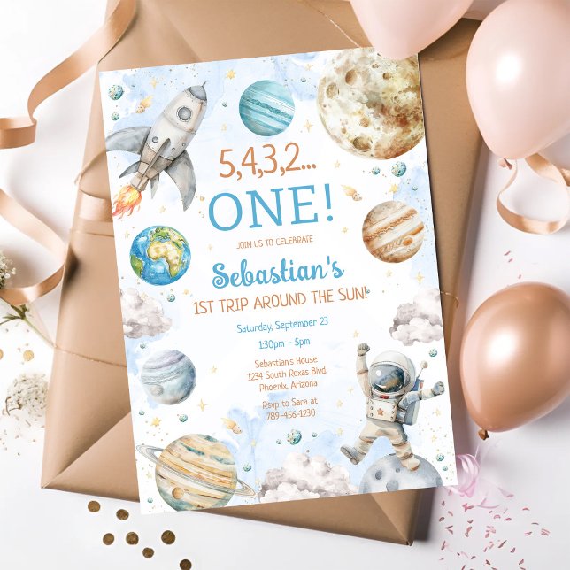 Outer Space First Trip Around The Sun 1st Birthday Invitation (Creator Uploaded)