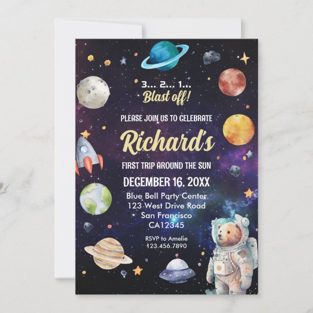 Outer Space First Trip Around the Sun Birthday Invitation (Front)