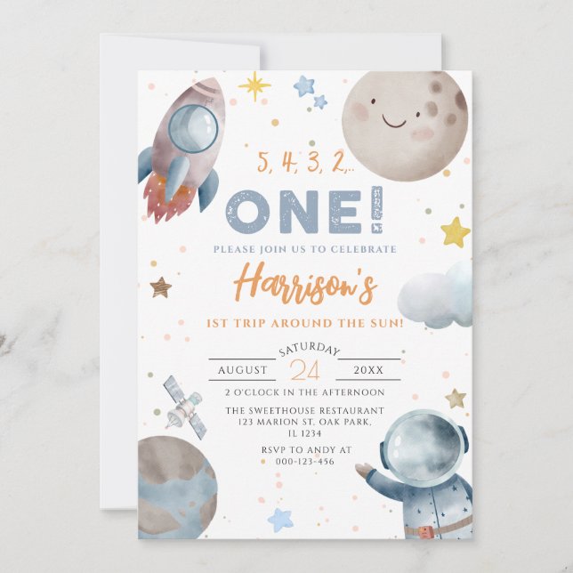 Outer Space First Trip Around The Sun Birthday Invitation (Front)