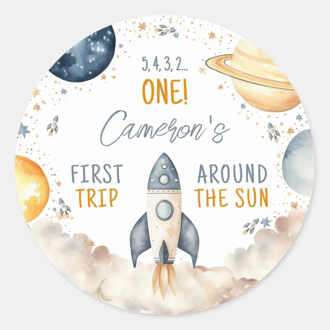 Outer Space First Trip Around The Sun Boy Birthday Classic Round Sticker (Space First Birthday Sticker)
