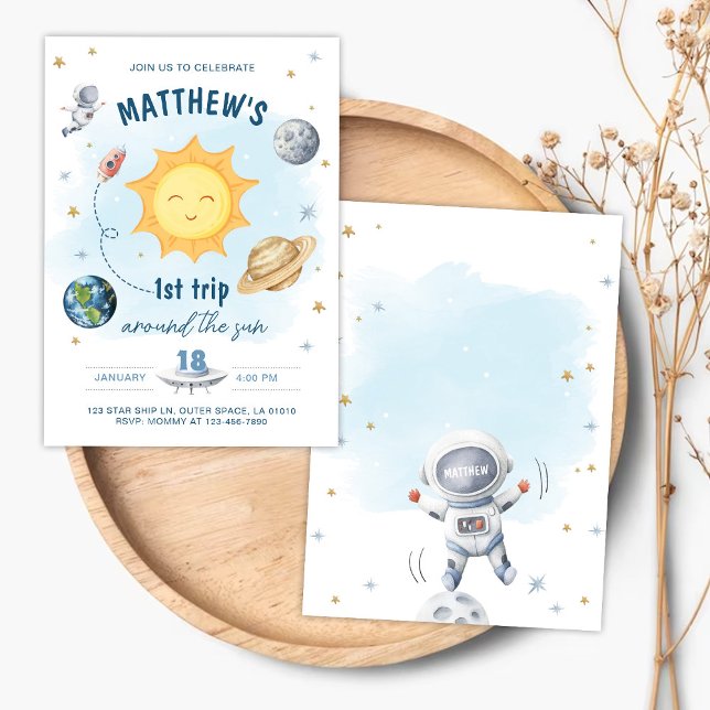 Outer Space First Trip Around the Sun Boy Birthday Invitation (Creator Uploaded)
