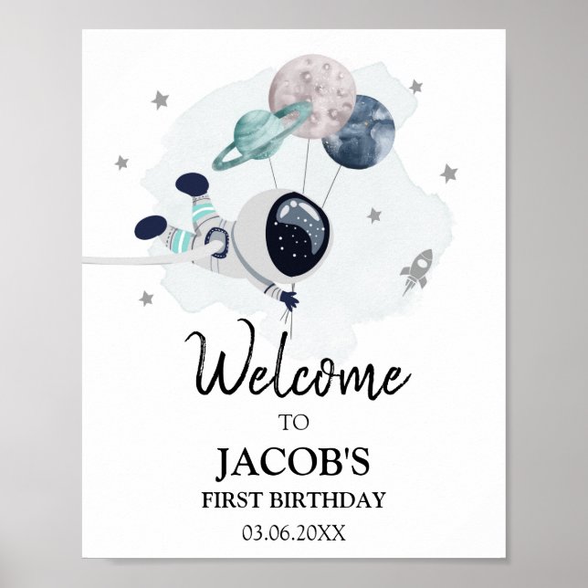 Outer Space Galaxy Astronaut Boy Birthday Welcome Poster (Front)