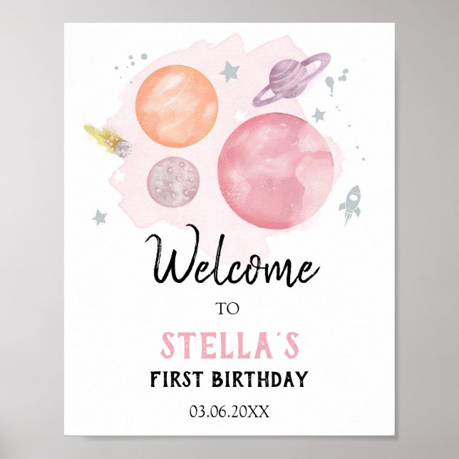 Outer Space Galaxy Astronaut Girl Birthday Welcome Poster (Front)