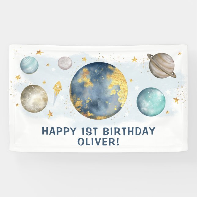 Outer Space Galaxy Moon Stars Happy Birthday Party Banner (Horizontal)