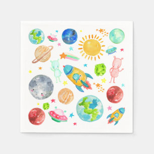 Outer Space Galaxy Planet Rocketship Alien Stars Napkin